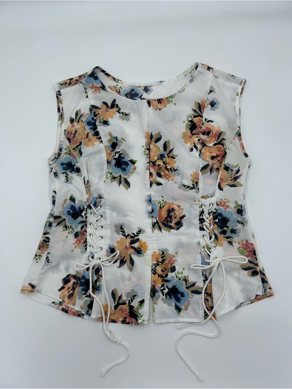 Miss Lili Floral Lace-Up Camisole - White with Blue, Peach & Green Flowers S/M